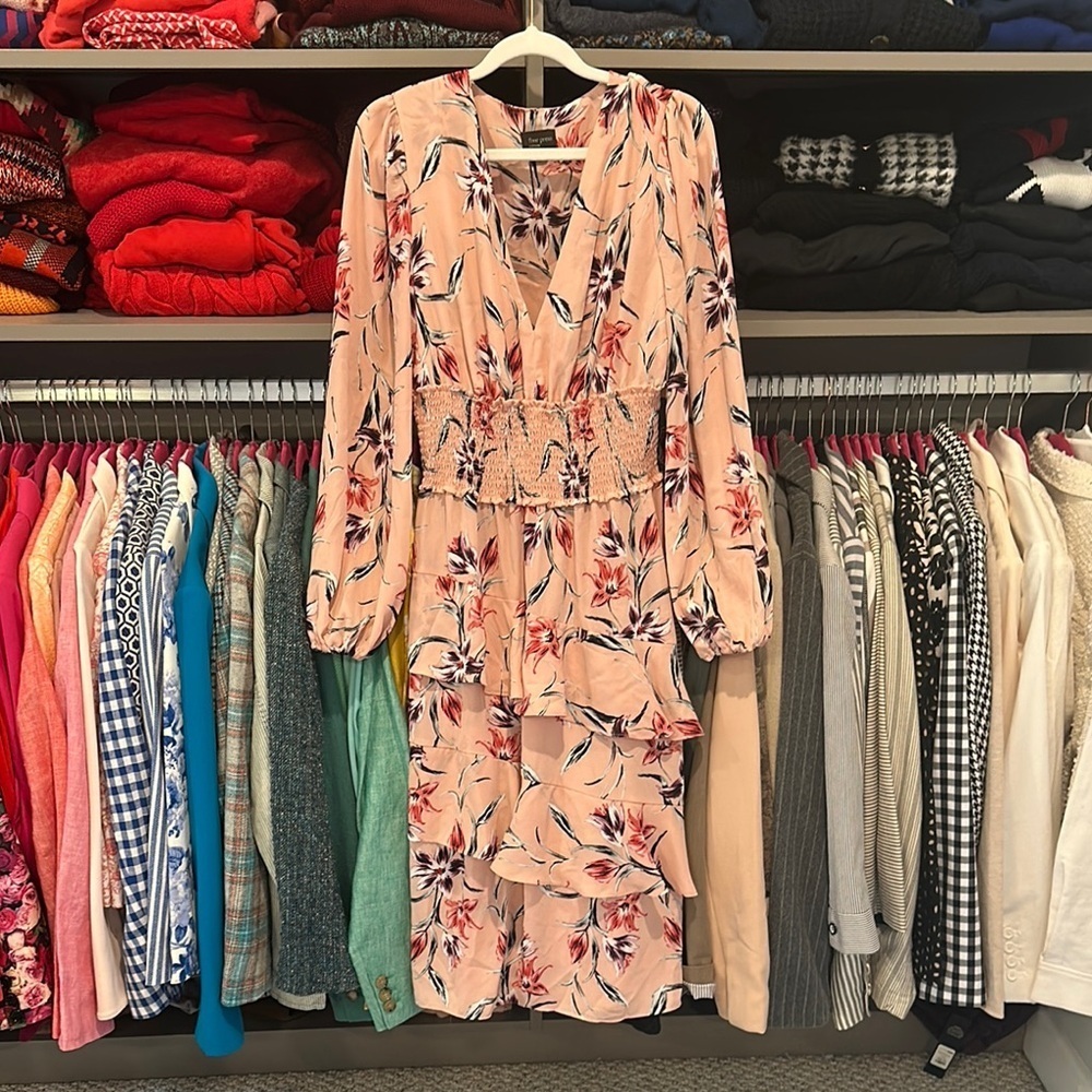 Free Press pink/purple floral tiered long sleeve v neck smocked waist dress S